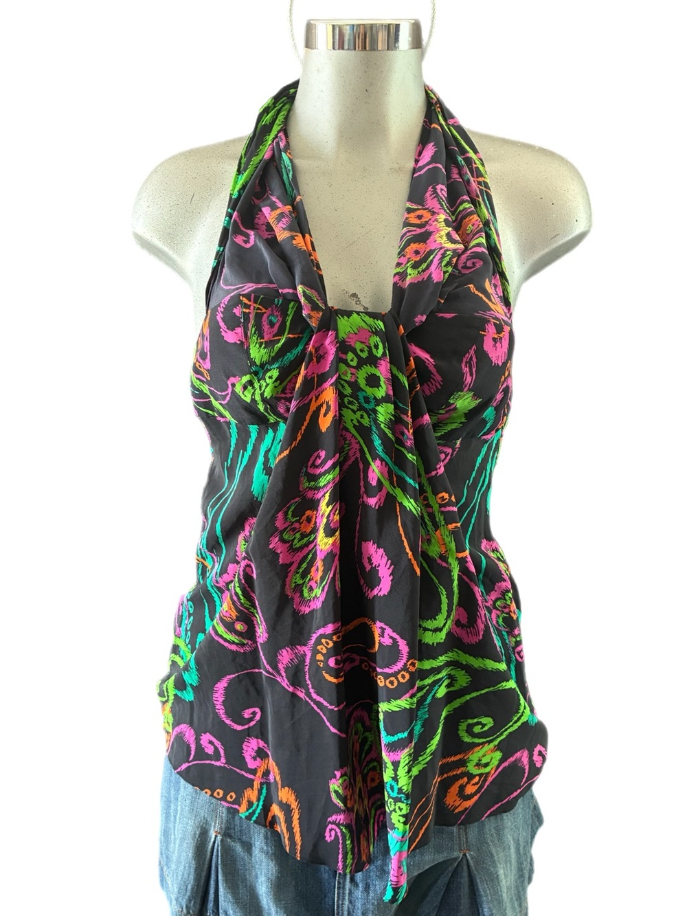 Moda International Vintage Y2K Halter Top Indie Sleaze 100% Silk Neon Paisley S